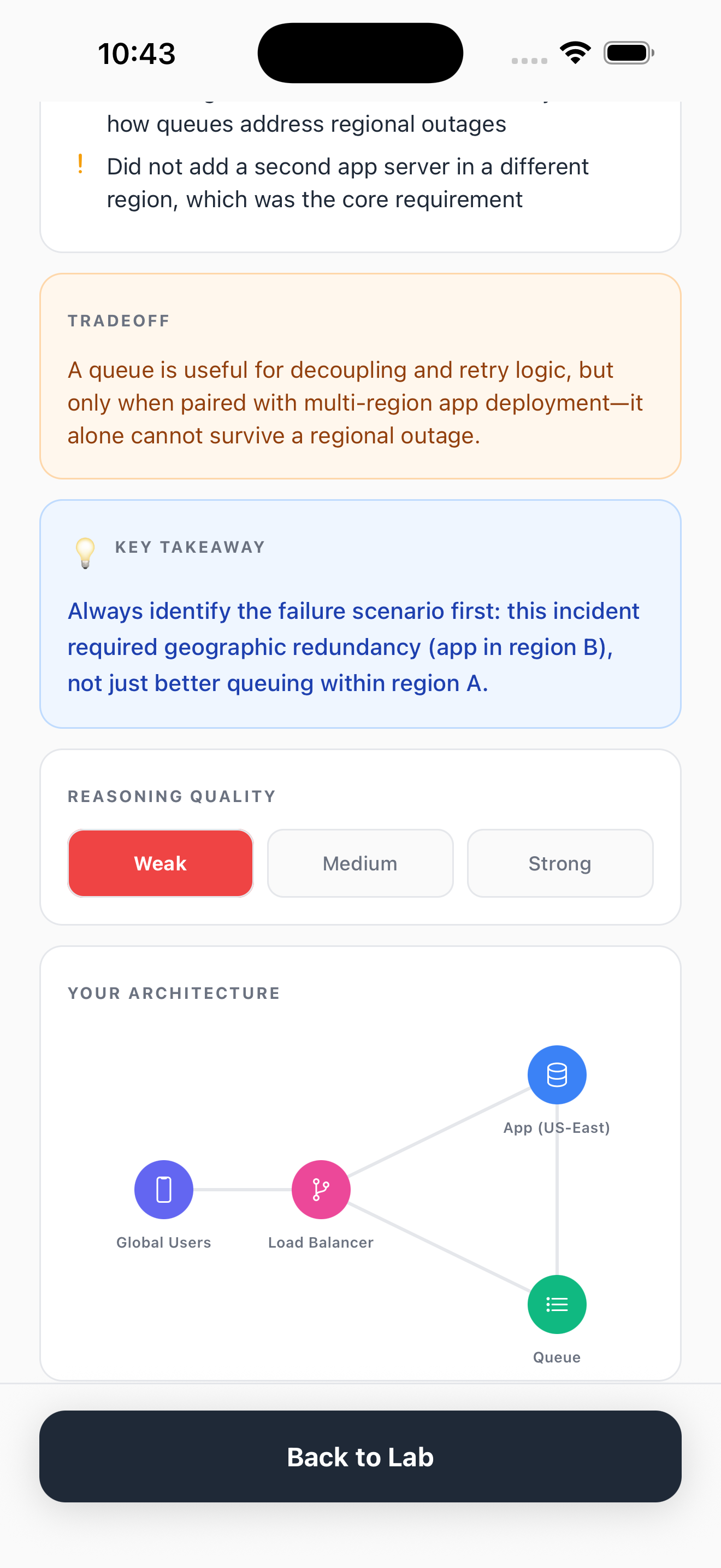 Detailed feedback with tradeoffs and key takeaways