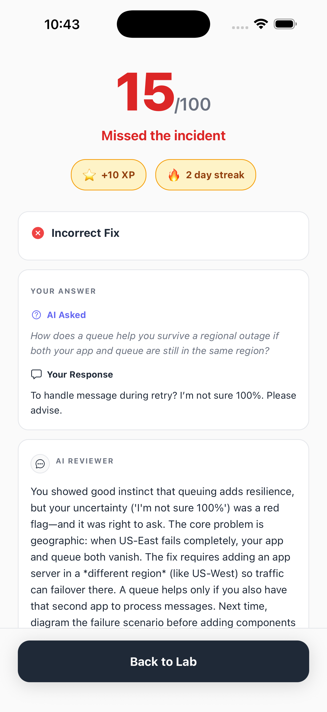 Lab result with AI reviewer feedback